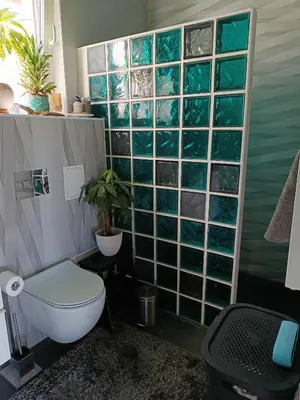 a bathroom with a toilet and a glass wall at Panoramic view home in Kaunas