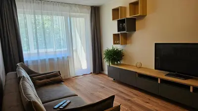 a living room with a couch and a flat screen tv at Savannah Ateities Apartamentai in Panevėžys