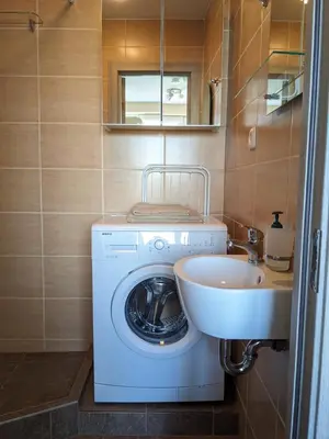 a bathroom with a washing machine and a sink at Mini Studio Apartment in Kaunas
