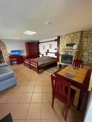 a living room with a bed and a fireplace at Komfortita in Utena