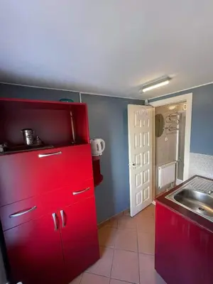 a red kitchen with a sink and a red refrigerator at Komfortita in Utena