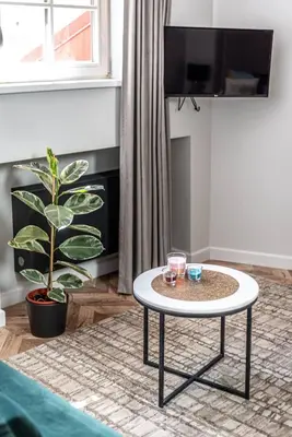 a coffee table in a living room with a plant at Oldtown Apartment studio #D in Vilnius