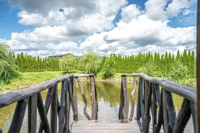 a wooden bridge over a body of water at Egliškių Oazė Sodyba su pirtimi kubilu- privatumas garantuotas in Vilnius