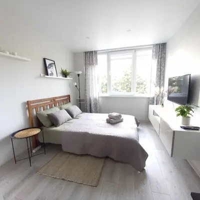 a bedroom with a large bed and a window at Cozy small apartment #5A in Šiauliai
