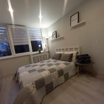 a bedroom with a bed and two windows at Cozy small apartment #5A in Šiauliai