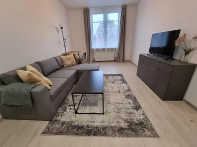 a living room with a couch and a tv at Refurbished central apartment in Vilnius