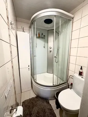 a bathroom with a shower and a toilet at Svedaso Lake House with Sauna in Svėdasai