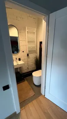 a bathroom with a sink and a toilet and a mirror at Apartamentai Kauno centre in Kaunas