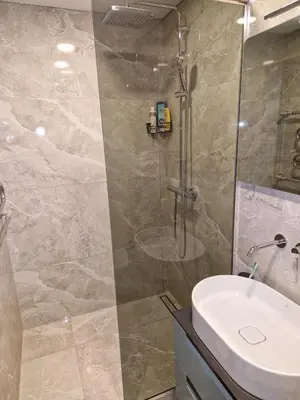 a bathroom with a shower and a sink at Petite City Centre Apartment self-check-in in Šiauliai