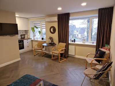 a kitchen and living room with a table and chairs at Petite City Centre Apartment self-check-in in Šiauliai