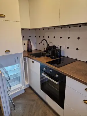 a kitchen with a sink and a stove top oven at Petite City Centre Apartment self-check-in in Šiauliai