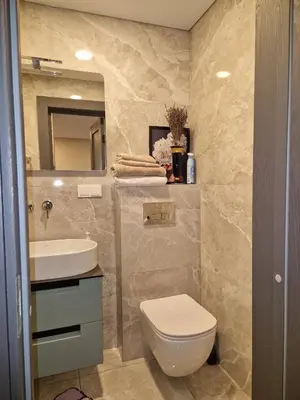 a bathroom with a toilet and a sink and a mirror at Petite City Centre Apartment self-check-in in Šiauliai