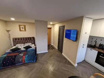 a bedroom with a bed and a television in it at Petite City Centre Apartment self-check-in in Šiauliai