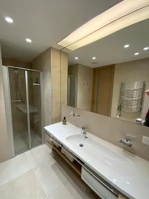 a bathroom with a white sink and a shower at West Side Druskininkai in Druskininkai