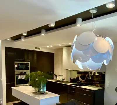 a kitchen with a large light hanging from the ceiling at West Side Druskininkai in Druskininkai