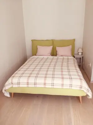a bedroom with a bed with two pink pillows at Močiutės apartamentai in Anykščiai