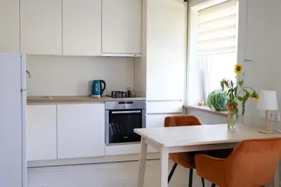 a kitchen with white cabinets and a table with chairs at Močiutės apartamentai in Anykščiai