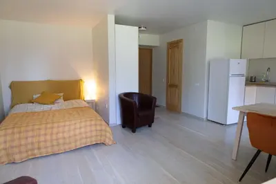 a bedroom with a bed and a chair and a kitchen at Močiutės apartamentai in Anykščiai
