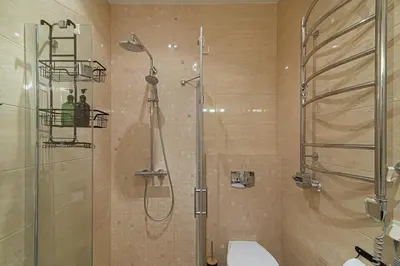 a bathroom with a shower and a toilet at Old Town Apartment on quiet private street in Vilnius