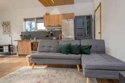 a living room with a gray couch with green pillows at Poilsio oazė in Panevėžys