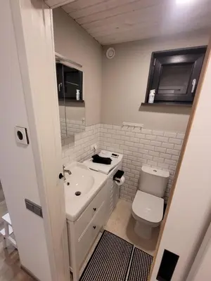 a bathroom with a white sink and a toilet at Tiny House in Alytus