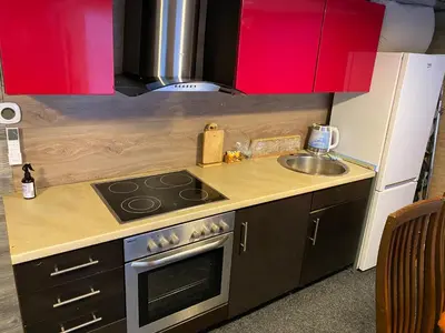 a small kitchen with a stove and a sink at Karalgirio žvejų namelis in Karalgiris