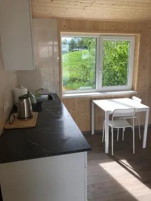 a kitchen with a counter and a table and a window at Poilsio oazė Stebuliuose in Stebuliai