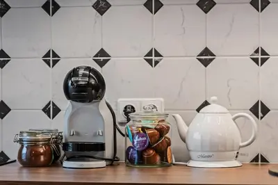 a kitchen counter with a coffee maker and a blender at Blue Oasis and Wizard's Hideaway apartments in Kaunas