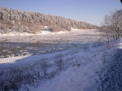 a snow covered road next to a river at Senosios Gegužinės ūkis in Gegužinė