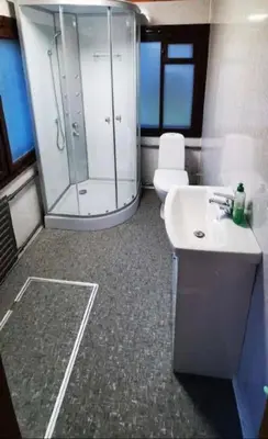 a bathroom with a shower and a sink and a toilet at Kambarių nuoma 