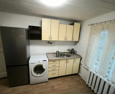 a small kitchen with a washing machine and a sink at Kambarių nuoma 