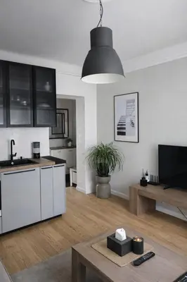 a living room with a kitchen and a table at Downtown Apartment Rentals in Šiauliai