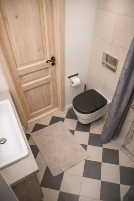 a bathroom with a black toilet and a sink at Downtown Apartment Rentals in Šiauliai