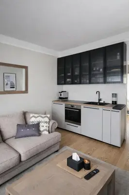 a living room with a couch and a kitchen at Downtown Apartment Rentals in Šiauliai