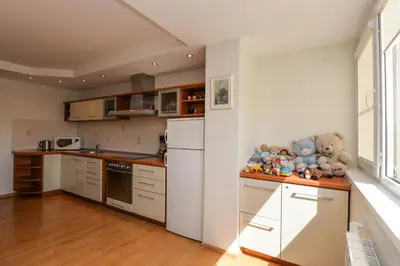 a kitchen with white appliances and stuffed animals on a counter at Apartment with air conditioning in the Center in Druskininkai