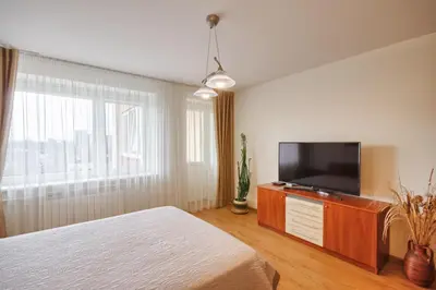 a bedroom with a bed and a flat screen tv at Apartment with air conditioning in the Center in Druskininkai