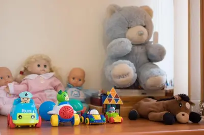 a group of toys sitting on a shelf with a teddy bear at Apartment with air conditioning in the Center in Druskininkai