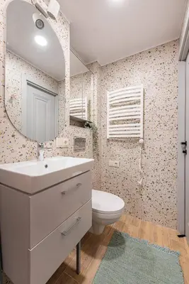 a bathroom with a sink and a toilet and a mirror at Cozy flat in Antakalnis in Vilnius