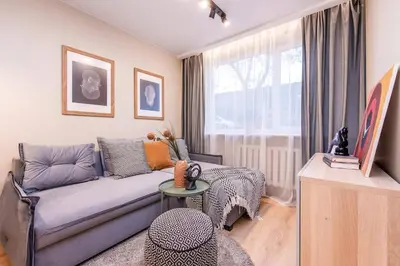a living room with a couch and a window at Cozy flat in Antakalnis in Vilnius