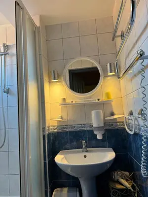 a bathroom with a sink and a mirror at Danarent Tilto in Vilnius