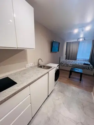 a kitchen with a sink and a bed in a room at studio apartment in Vilnius