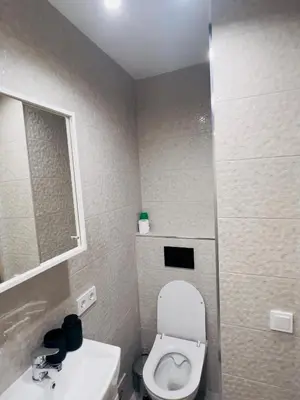 a small bathroom with a toilet and a sink at studio apartment in Vilnius
