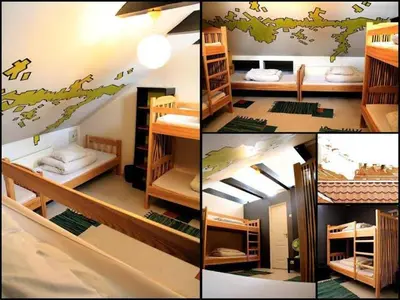 a collage of four pictures of a room with bunk beds at Pogo Hostel in Vilnius