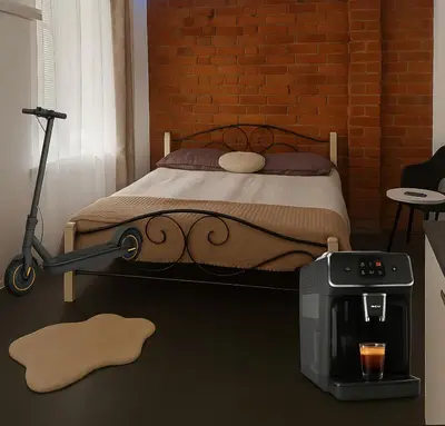a bedroom with a bed and a brick wall at Kaunas Studios - RentA 19 in Kaunas