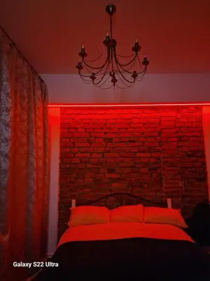 a bedroom with a brick wall and a bed with a red light at Kaunas Studios - RentA 19 in Kaunas