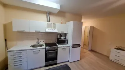 a kitchen with a white refrigerator and a sink at Švitrigailos gatvėje 1kambario butas naujos statybos name in Vilnius