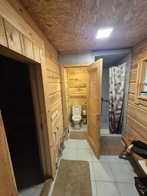a bathroom with a toilet and wooden walls and a door at Tauro Pirtis in Vainiūnai