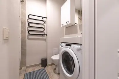 a bathroom with a washing machine and a toilet at Stylish white salad studio near the city center in Vilnius