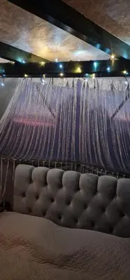 a bed with a canopy with lights on it at Rojus dviems in Žaugėdai