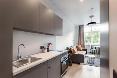 a kitchen with a sink and a living room at Youston self check-in apartments Vilnius in Vilnius